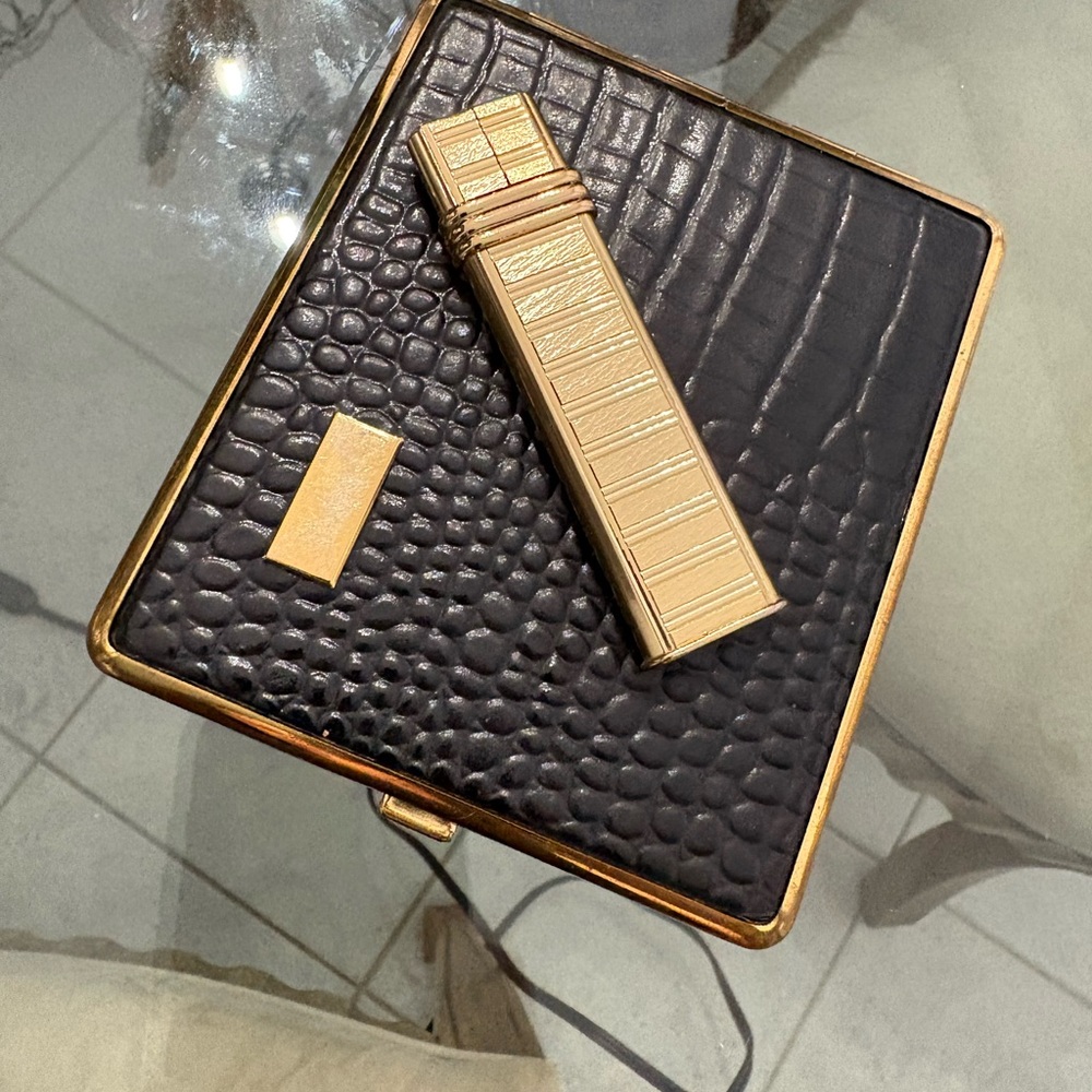 50's Vintage Colibri Gold Tone Metal Lighter and Black Textured Cigarette Case